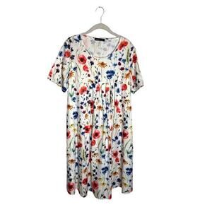 Noracora Floral Midi Dress Size Small White Multicolor Oversized Pockets EUC